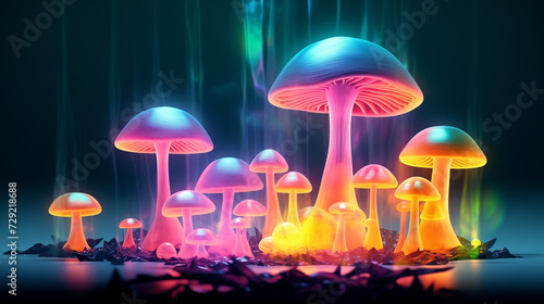 Glowing Group of Magic Mushrooms in the Dark, Neon color background.