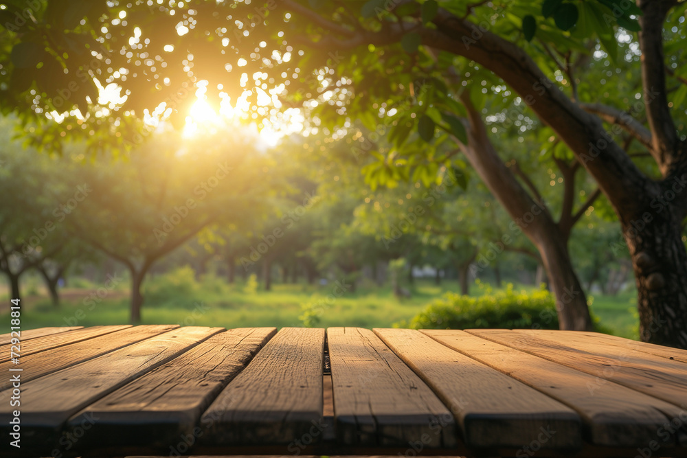 Tree Table wood Podium with farm in the background, sunlight product display mockup Tree Table wood Podium with farm in the background, sunlight product display mockup