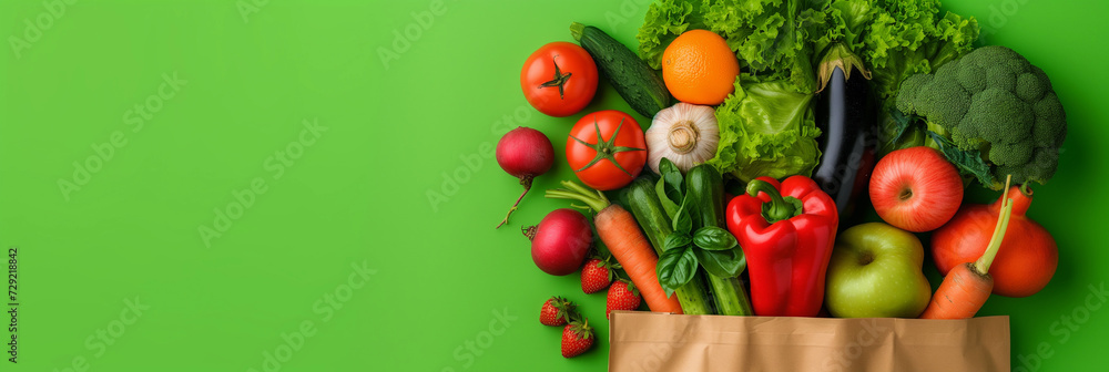 Background of nutritious food delivery, Vegetarian food in paper on vibrant green backdrop, with space for text, banner background