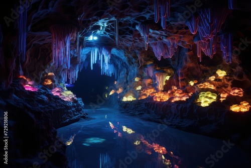 cave with colorful blue neon lighting inside. Touristic travel destination at night landscape.