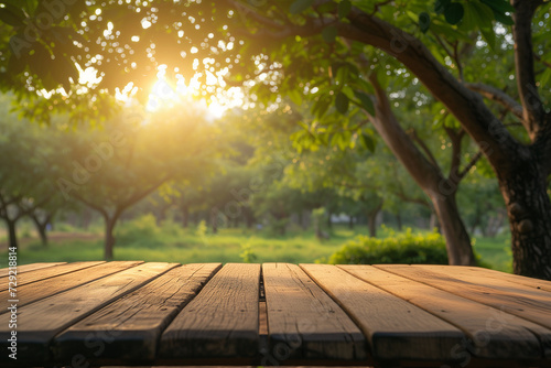 Tree Table wood Podium with farm in the background  sunlight product display mockup