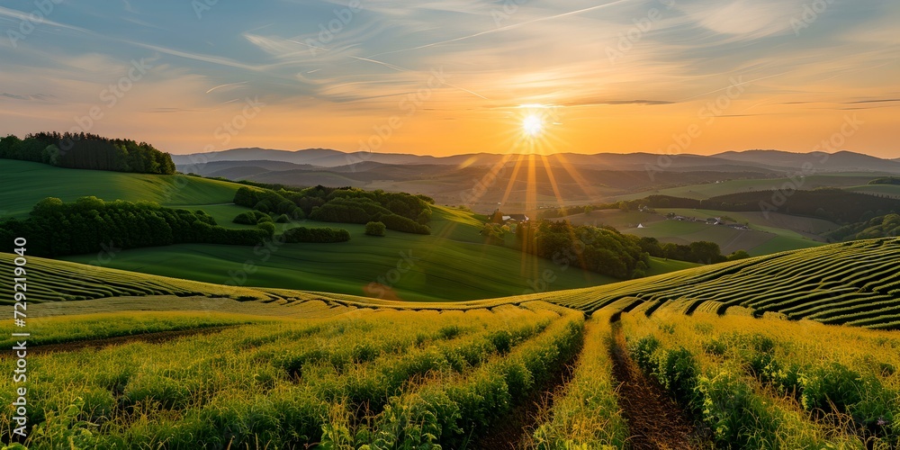 Sunrise over lush green fields, pathway leading through hills. tranquil landscape, perfect for posters or backgrounds. nature's beauty captured at dawn. AI