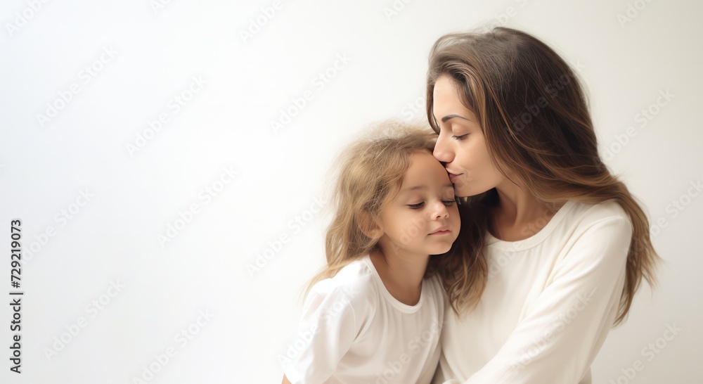 mother and daughter portrait at home on white background. mom and her little girl heartwarming advertising style poster for cosmetics, clothes, product ad with copy space left. mother and daughter portrait at home on white background. mom and her little girl heartwarming advertising style poster for cosmetics, clothes, product ad with copy space left.