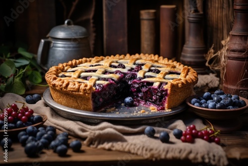 homemade classic blueberry pie on rustic kitchen on wooden table. Baking desserts hobby.