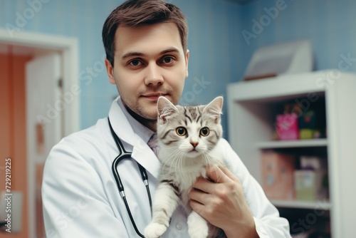 male professional caucasian veterinarian doctor of thirty years old holding white kitten at work in vet clinic. 
