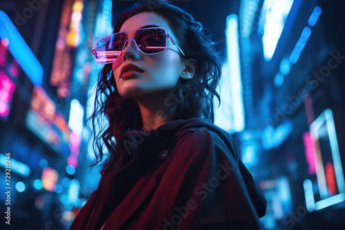 beautiful woman at night in futuristic city with blue purple neon light going to a party. Nightlife and clubbing. Cyberpunk underground culture.