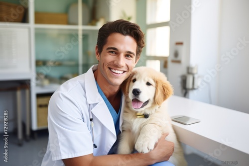 male attractive caucasian veterinarian doctor of thirty years old holding white golden retriever dog puppy at work in vet clinic. 