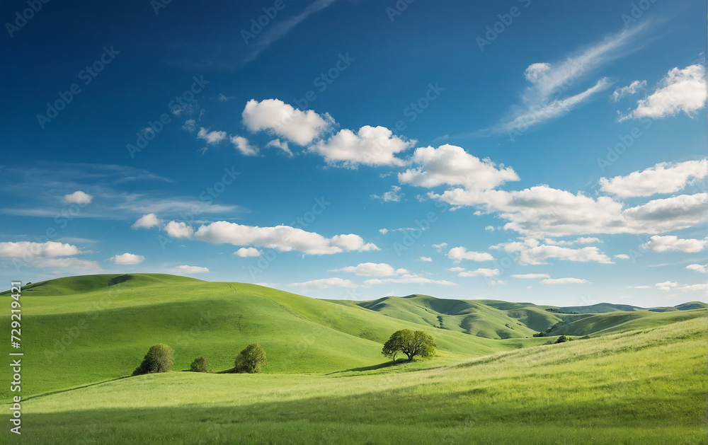 Idyllic Rolling Green Hills Under a Clear Blue Sky with Wispy Clouds. Tranquil Nature Landscape Concept Idyllic Rolling Green Hills Under a Clear Blue Sky with Wispy Clouds. Tranquil Nature Landscape Concept