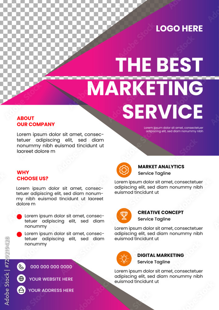 Fototapeta premium Creative corporate business brochure flyer template design. Abstract business flyer, vector template design. Vector design layout with shape graphic elements, modern indigo and blue background.