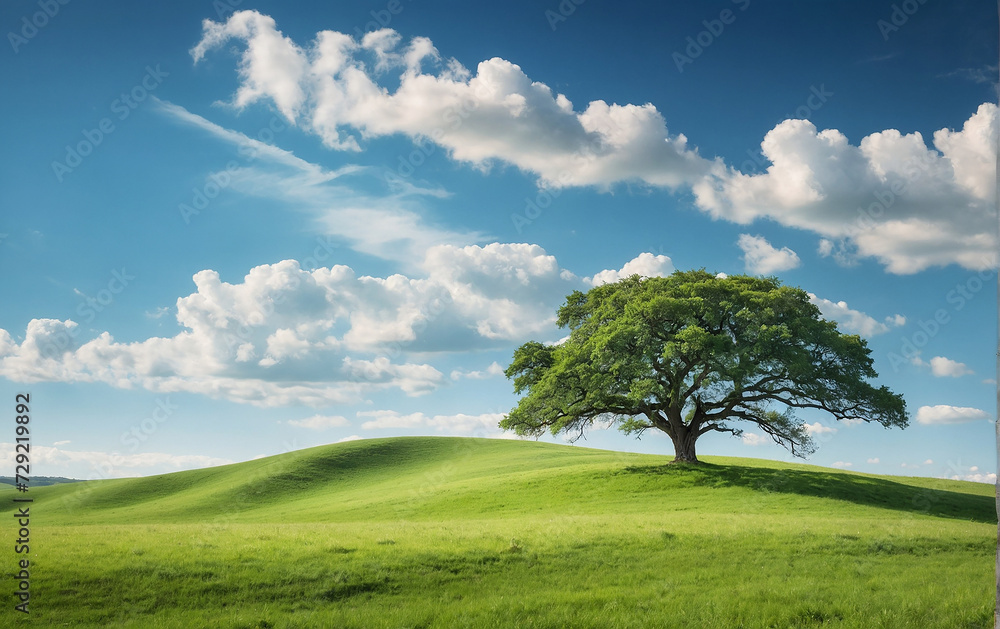 Idyllic Rolling Green Hills Under a Clear Blue Sky with Wispy Clouds. Tranquil Nature Landscape Concept