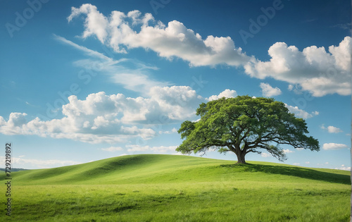 Idyllic Rolling Green Hills Under a Clear Blue Sky with Wispy Clouds. Tranquil Nature Landscape Concept