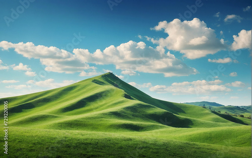 Idyllic Rolling Green Hills Under a Clear Blue Sky with Wispy Clouds. Tranquil Nature Landscape Concept