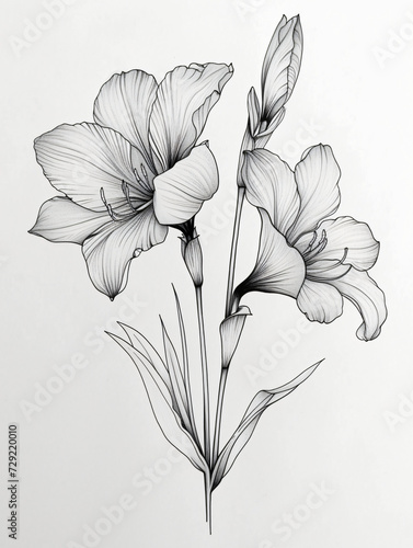 Black and white style line style amaryllis flowers