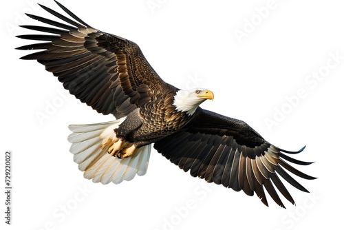 A bald eagle soars with spread wings on white background