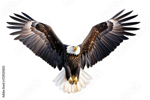 A bald eagle soars with spread wings on white background