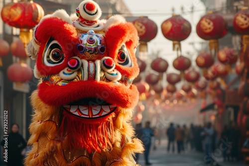 Photo of a lion dance in the street