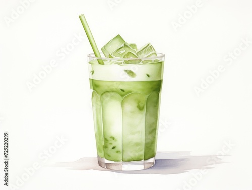 Refreshing Green Drink With Ice and Straw, cold matcha latte watercolor illustration. photo