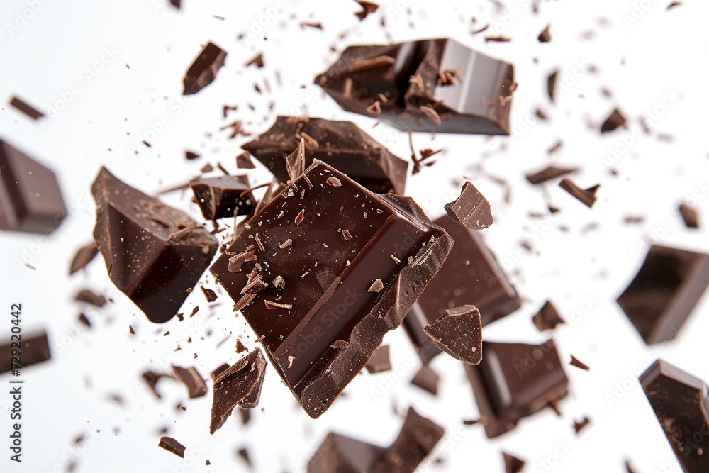 Pieces of black chocolate falling on white background Pieces of black chocolate falling on white background