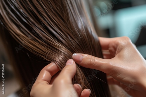 Obraz na płótnie stylist checking hair texture with fingers w salonie