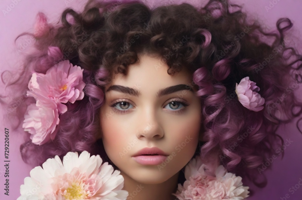 Young beautiful curly haired model with flowers in hairs isolated on studio violet background. Concept of modeling business, international women's day. AI generated