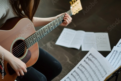 girl strumming an acoustic guitar, music sheets nearby