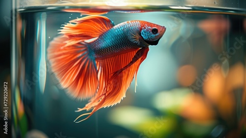 Close-up view inside a chic, cylindrical aquarium in a minimalist bedroom. The focus is on a colorful betta fish gracefully swimming near the surface,