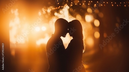 Silhouette of a couple embracing each other, set against a golden bokeh background.