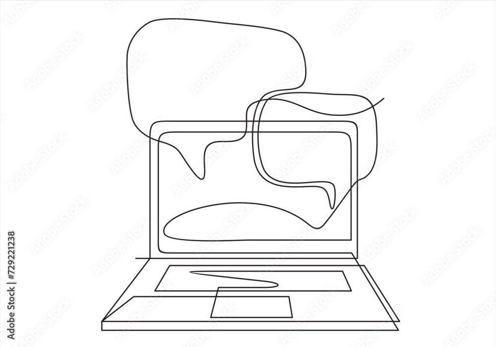 speech bubble with notebook for photo gallery platform, online social conversation comment concept, emoji message, speech icons, chat with social media.Continuous one line speech bubble with notebook for photo gallery platform, online social conversation comment concept, emoji message, speech icons, chat with social media.Continuous one line