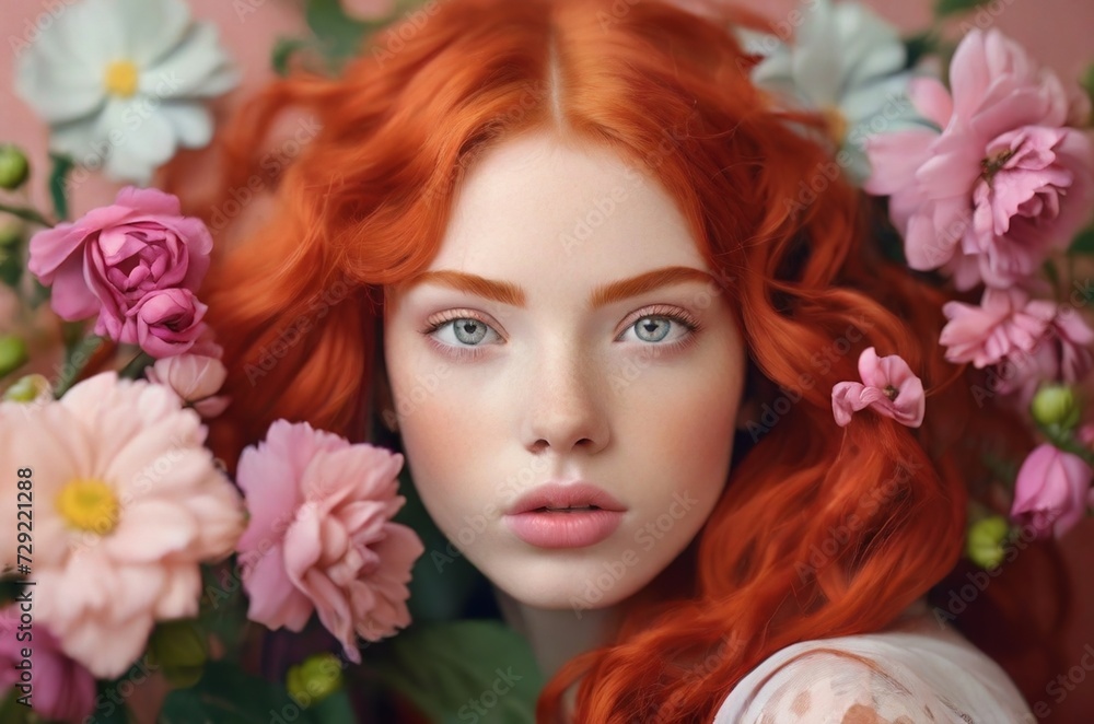 Young beautiful redhaired model with flowers in hairs isolated on studio pastel background. Concept of modeling business, international women's day. AI generated