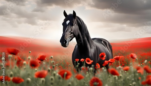 Black Horse in Red Poppy Field