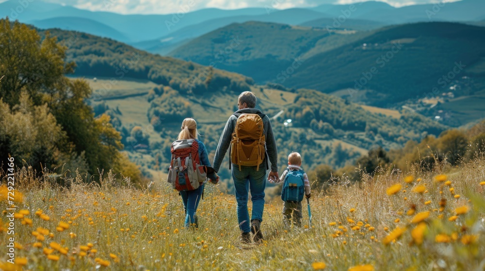 A happy family trekking together at mountain on their holiday. A happy family trekking together at mountain on their holiday.