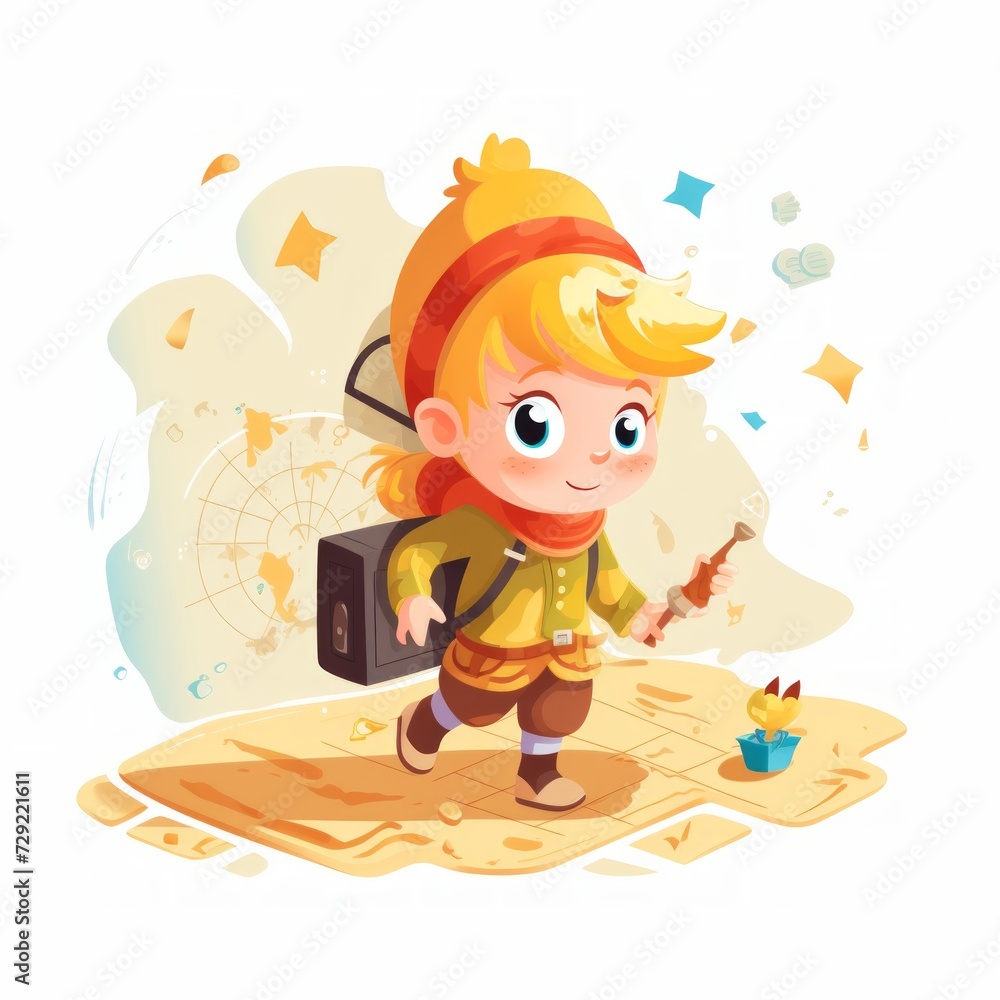 A small fairy tale adventurer with a map and compass, on a quest for treasures. Generative AI