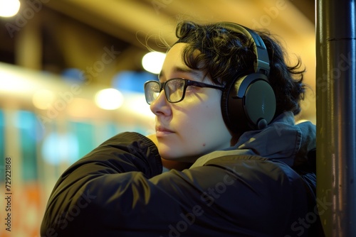 person with headphones lost in thought, leaning on pole
