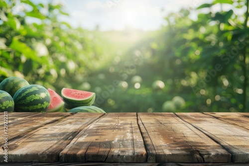 an empty wooden deck on a blurred background of a watermelon field. a mockup for the display of your product.