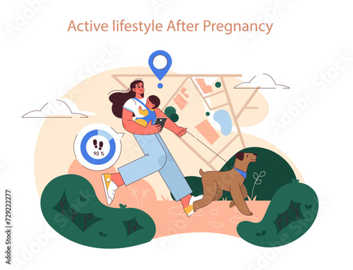Active Lifestyle After Pregnancy concept. A joyful mother walks her baby and dog, combining exercise with family time in the neighborhood.