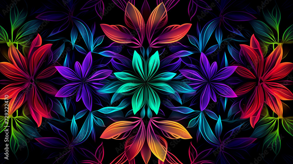 Vibrant Neon Color Flowers on Black Background