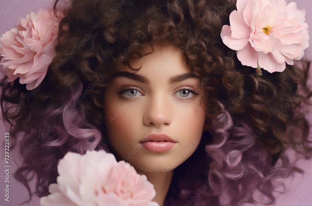 Young beautiful curly haired model with flowers in hairs isolated on studio violet background. Concept of modeling business, international women's day. AI generated