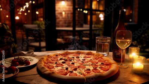 Close-up of a hot and delicious pizza at a cafe with bokeh lights photo