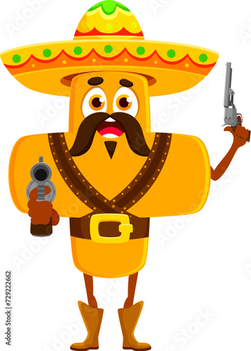 Cartoon cowboy and robber math plus sign character armed with guns and wearing a sombrero. Isolated vector playful whimsical mathematical personage adds up equations in the wild west frontier