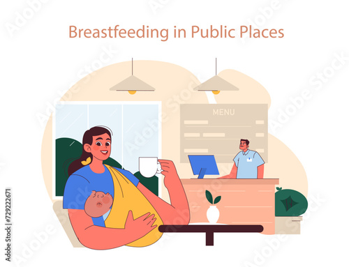 Breastfeeding in Public Places concept. Comfortable and confident mother nursing her baby in a cafe, normalizing breastfeeding.