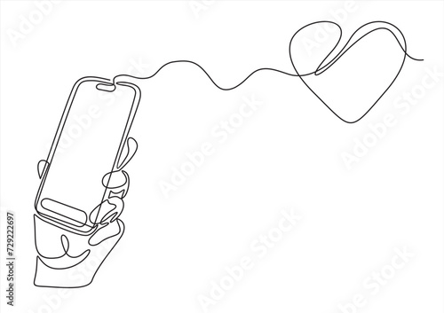 Online feedback and Rating line icon. Mobile phone with hand and heart vector outline sign.Continuous one line. Single one line drawing hand holding smartphone. Social media concept.