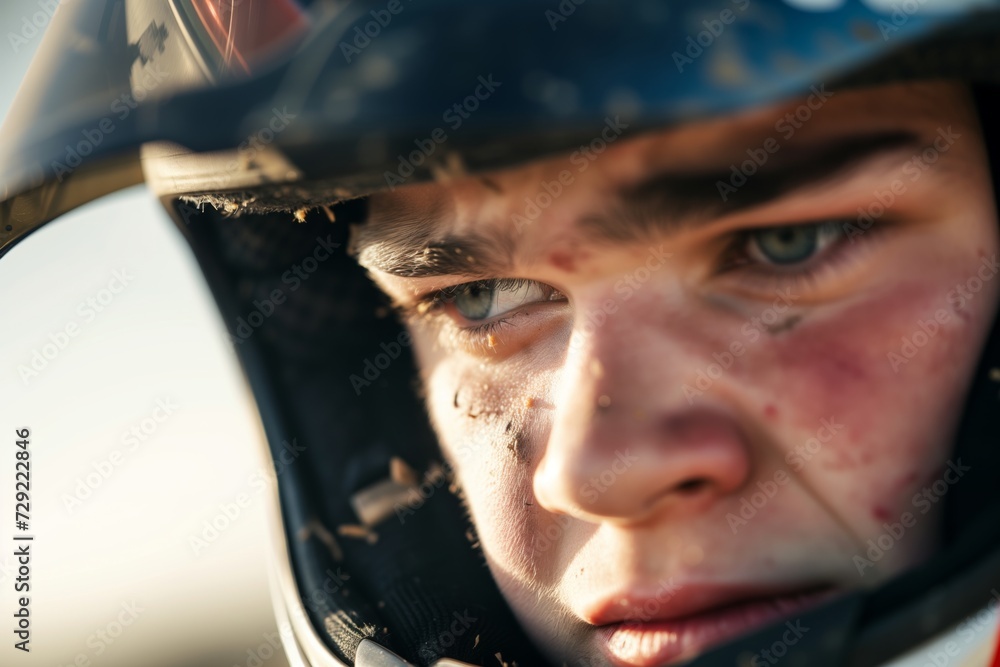 close shot of a racers face, showing determination