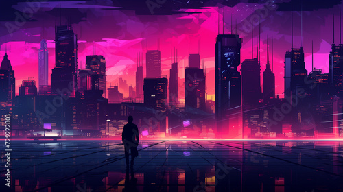 Solitary Figure Contemplates the Neon-Lit Dystopian Cityscape at Twilight
