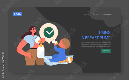Using a Breast Pump concept. Efficient motherhood with a mother using a pump while her baby enjoys a bottle. Modern parenting solutions.