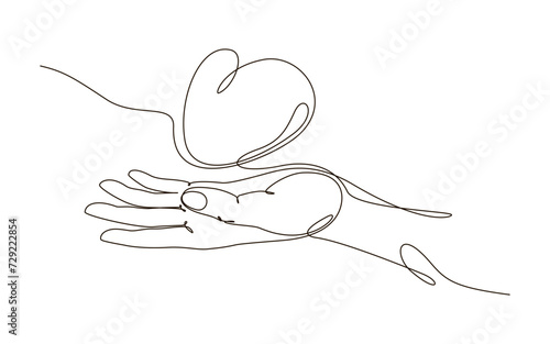 Continuous one line human arm holding heart symbol drawing. Charity donation concept in simple linear doodle style. Vector illustration with editable stroke.