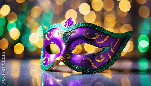 Purple Mardi Gras masquerade mask with bokeh on background. Venetian festival. Carnival disguise. © hardvicore
