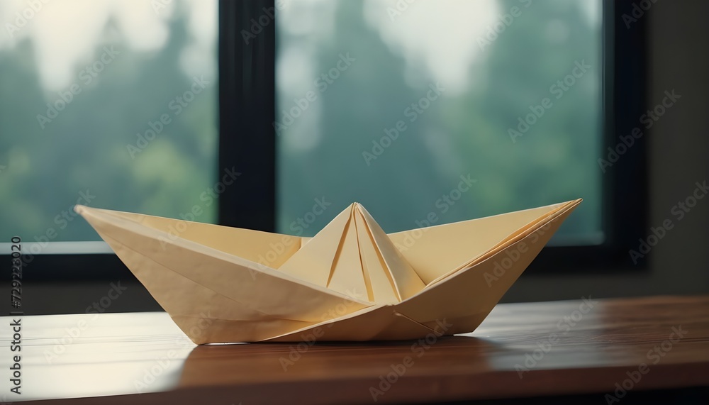 Paper boat origami on a wooden shelf in front of a window, view on the forest 