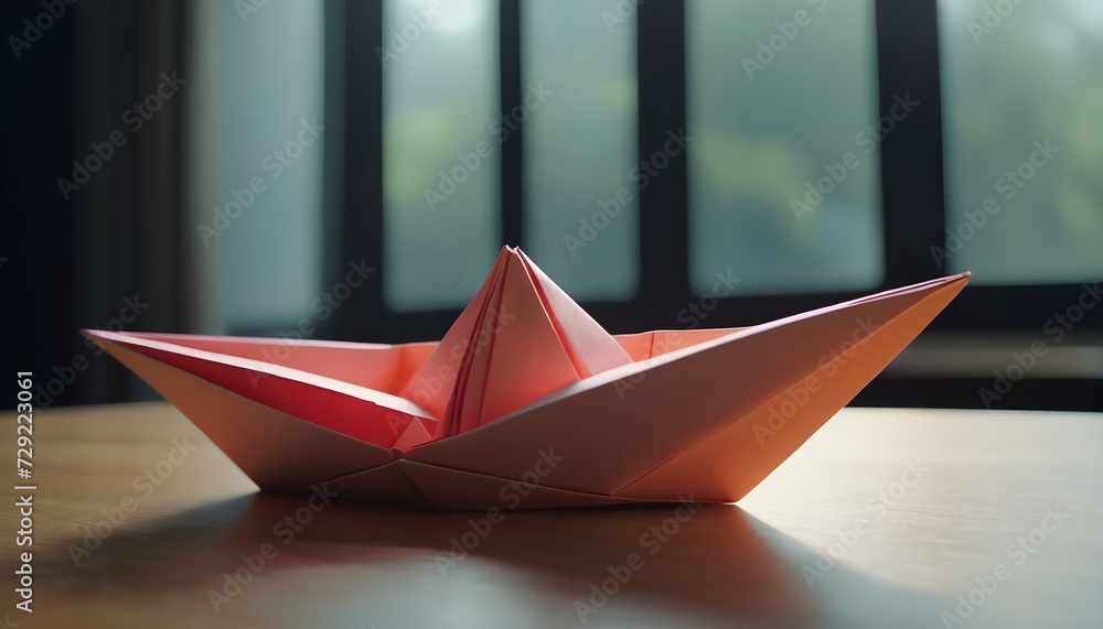 Pink paper origami boat on a table, view on the woods from the windows behind, blurred