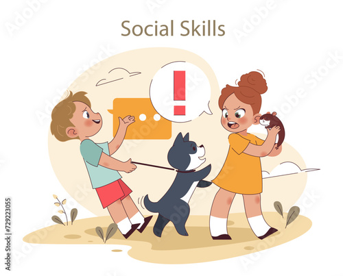 Social Skills concept. Children with pets learn communication and boundaries. Interactions that teach empathy and assertiveness. Flat vector illustration