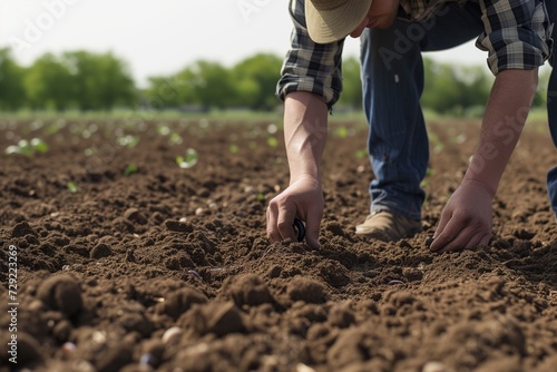 farmer checking earthworm activity in a notill field photo